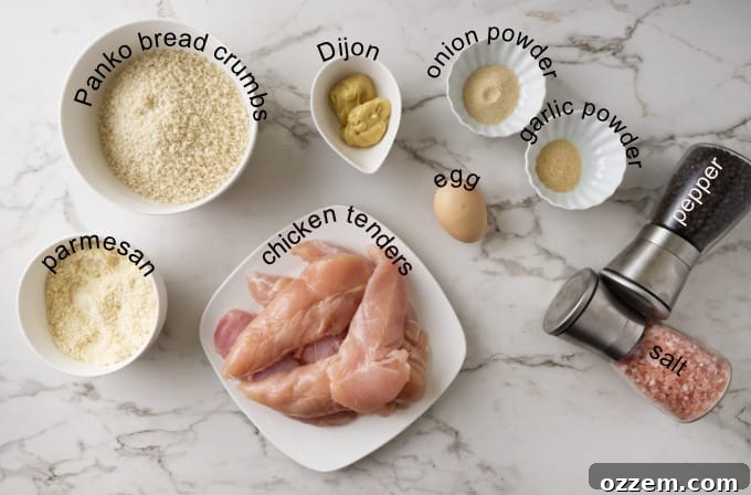 Crispy Parmesan Air Fryer Chicken Tenders 4 A selection of ingredients for air fryer chicken tenders, including chicken, panko, parmesan, egg, and spices, laid out on a kitchen counter.