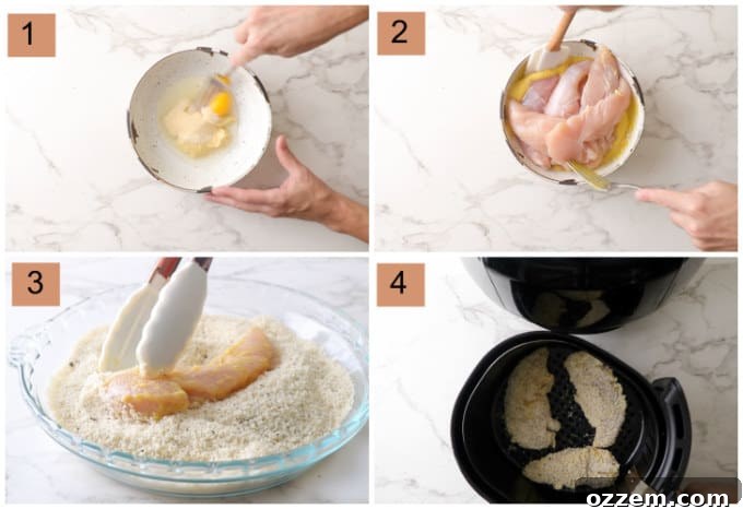 Crispy Parmesan Air Fryer Chicken Tenders 5 Process photos illustrating the steps to make air fryer parmesan chicken tenders, from coating to air frying.