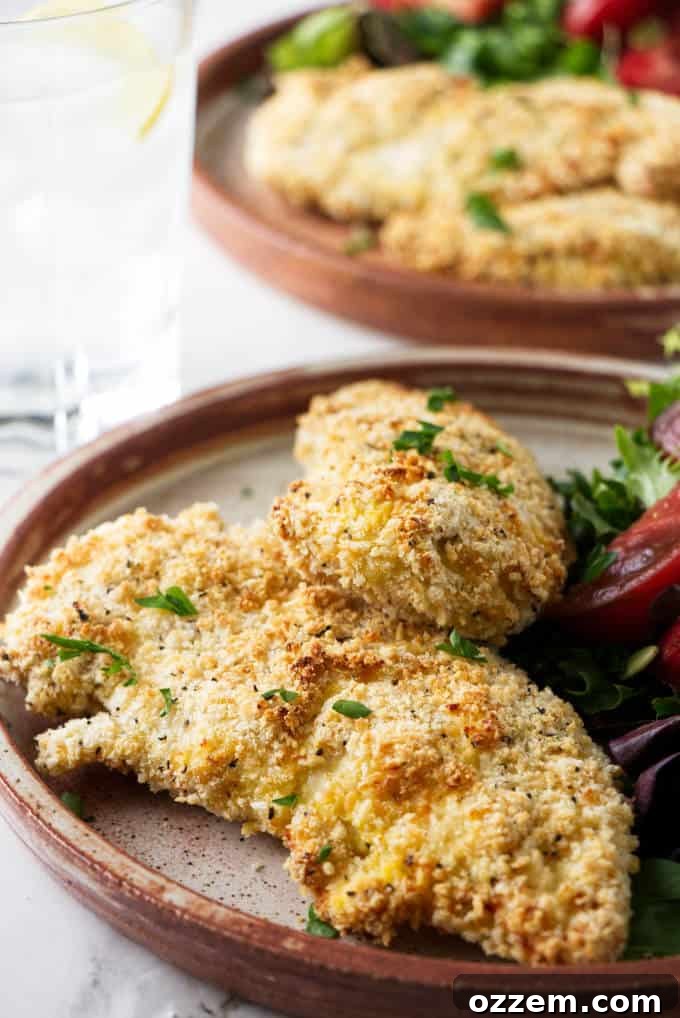 Crispy Parmesan Air Fryer Chicken Tenders 6 Crispy parmesan chicken tenders arranged neatly on a serving plate, ready to be enjoyed.