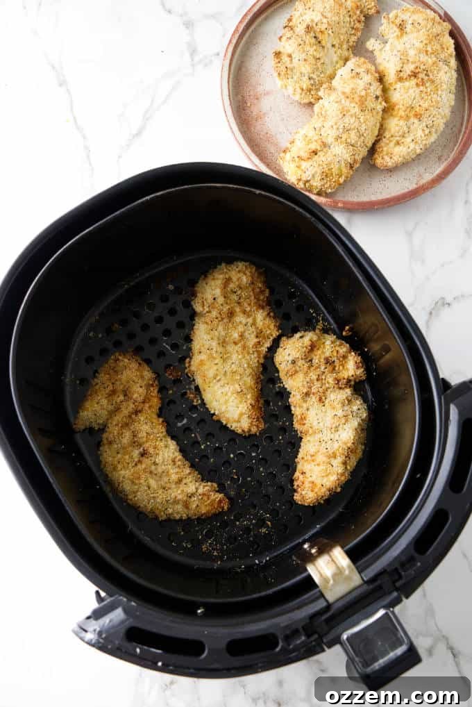 Crispy Parmesan Air Fryer Chicken Tenders 8 Parmesan crusted air fryer chicken tenders arranged in an air fryer basket, showing their golden texture.