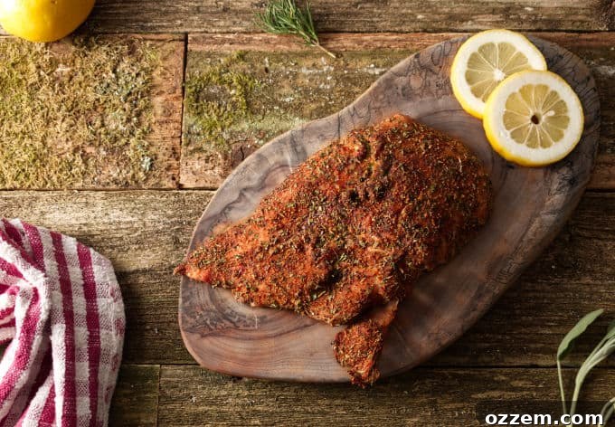 Hunter's Smoked Wild Turkey Breast 3 Beautifully smoked wild turkey breast resting on a wooden cutting board, adorned with fresh lemon slices, highlighting its golden-brown, flavorful exterior.
