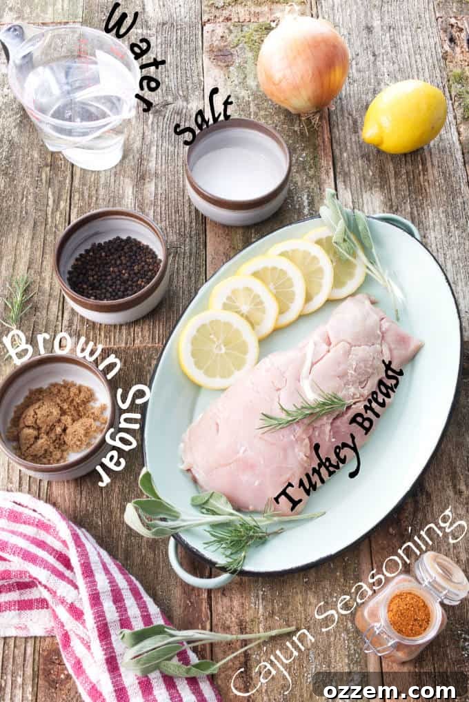 Hunter's Smoked Wild Turkey Breast 5 A vibrant flat lay of ingredients for smoked wild turkey breast: fresh wild turkey breast, water, kosher salt, brown sugar, and Cajun seasoning. Around them are aromatic additions like sliced onions, whole black peppercorns, fresh lemon slices, and sprigs of sage and rosemary.