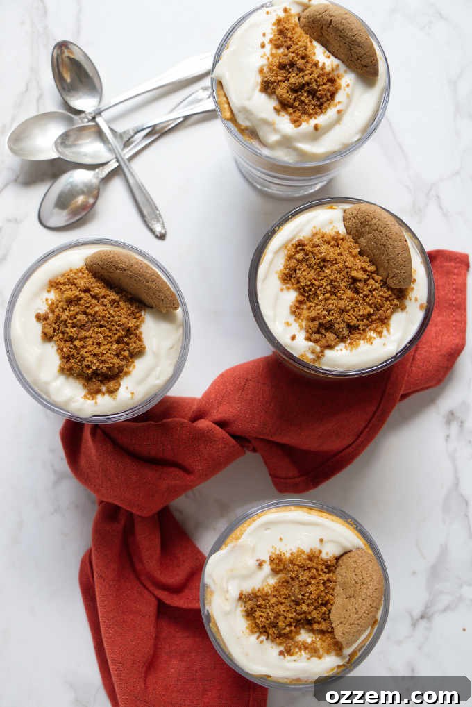 Effortless Pumpkin Cheesecake Parfait 4 An overhead photo displaying four delectable no-bake pumpkin cheesecake parfaits arranged elegantly, ready for enjoyment.