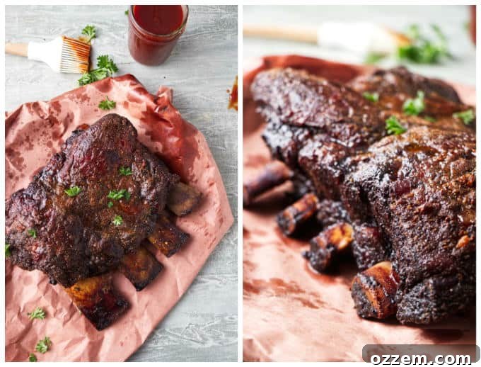 Two photos showing Traeger smoked beef plate ribs.