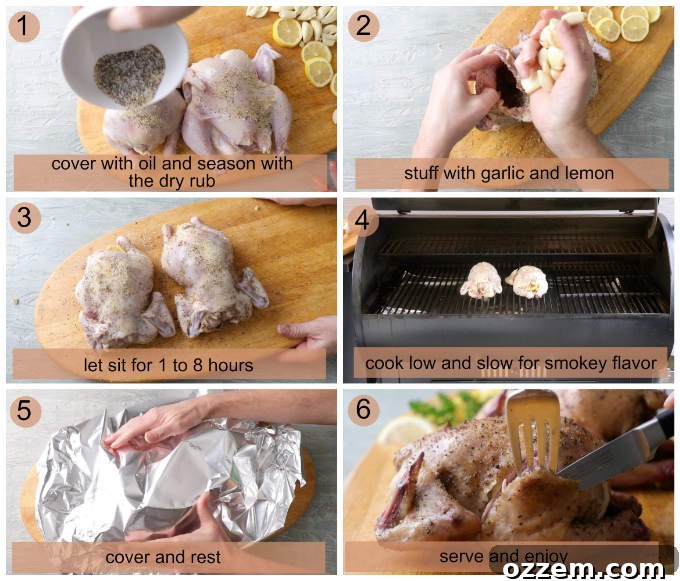 Perfectly Smoked Traeger Cornish Game Hens 5 A series of process photos showing the stages of making Traeger smoked Cornish Game hens, from seasoning to smoking.