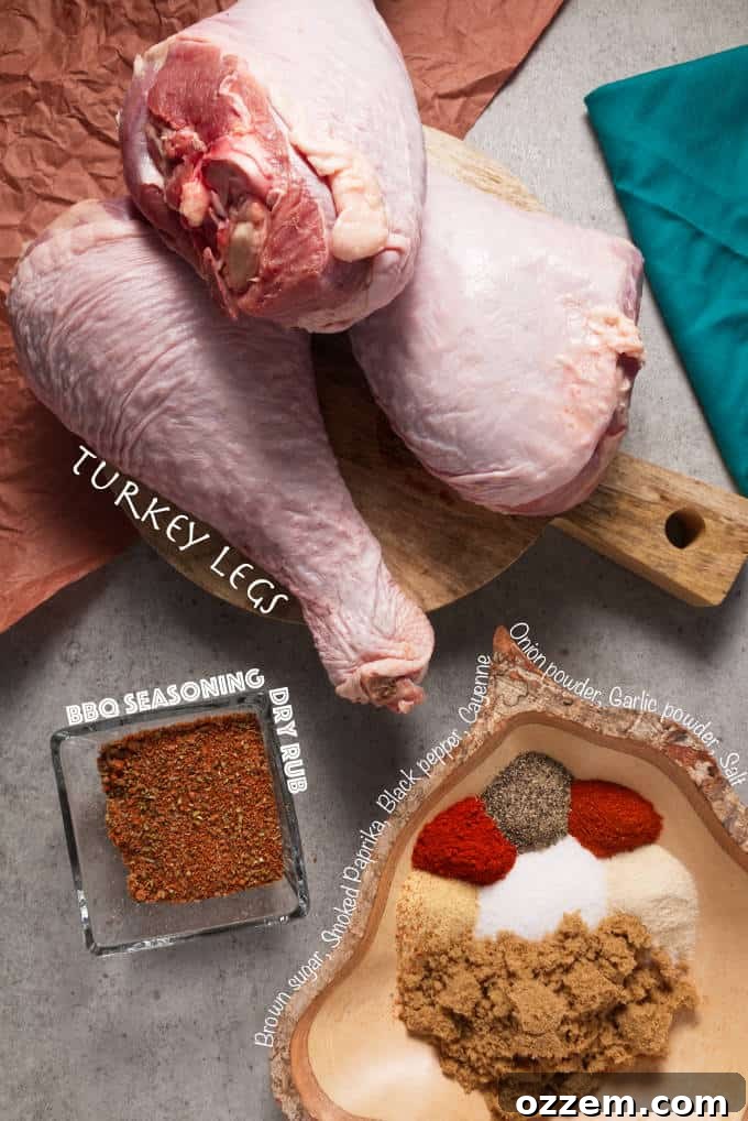 Disney's Iconic Smoked Turkey Legs 3 Smoked turkey legs ingredients: bbq seasoning dry rub, turkey legs, brown sugar, smoked paprika, black pepper, cayenne, onion powder, garlic powder, salt