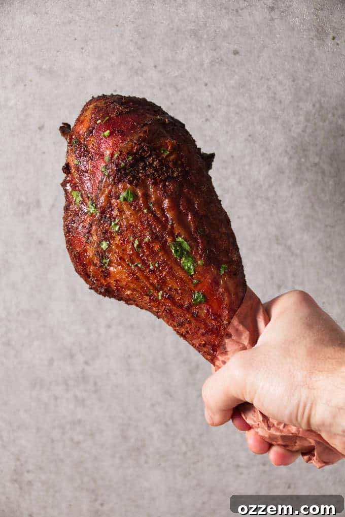 Disney's Iconic Smoked Turkey Legs 6 Hand holding a smoked turkey leg with concrete background