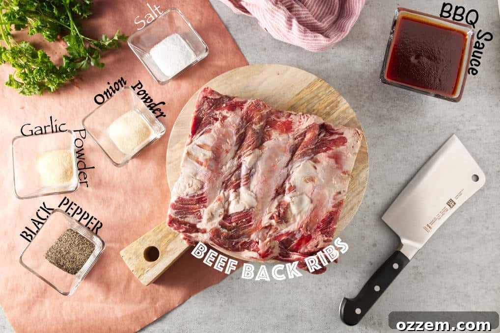 Succulent Air Fryer Beef Ribs 4 Air fryer beef back ribs ingredients: bbq sauce, salt, onion powder, garlic powder, black pepper, and beef back ribs