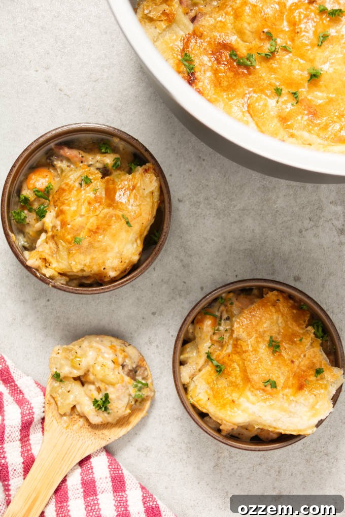 Overhead view of Ninja Foodi turkey pot pie served in individual bowls with a wooden spoon
