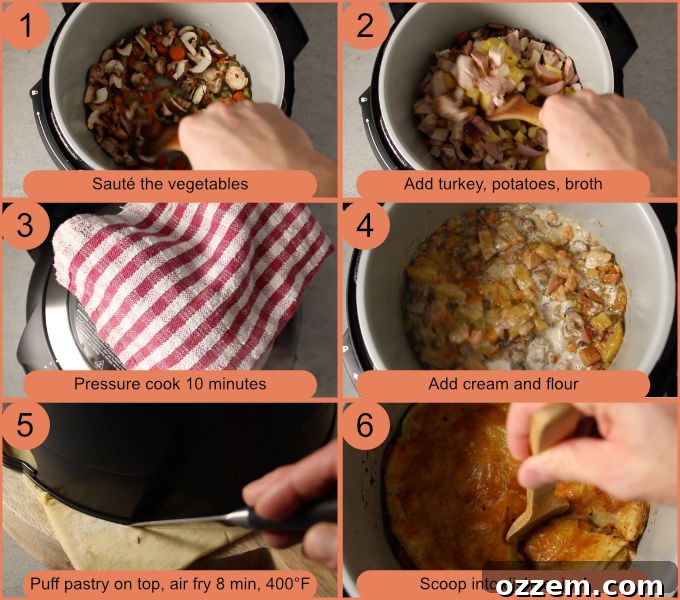 Step-by-step process photos of making Ninja Foodi turkey pot pie, showing ingredients being added and cooking stages.