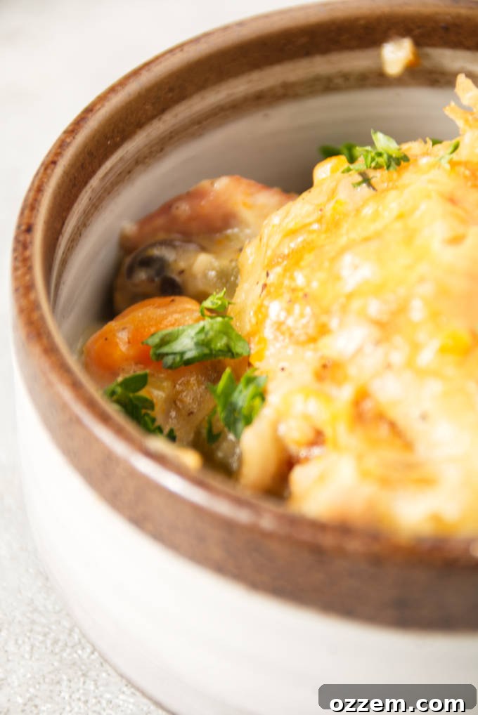 Close up of a single serving of turkey pot pie in a ceramic dish, highlighting the flaky crust and rich filling.