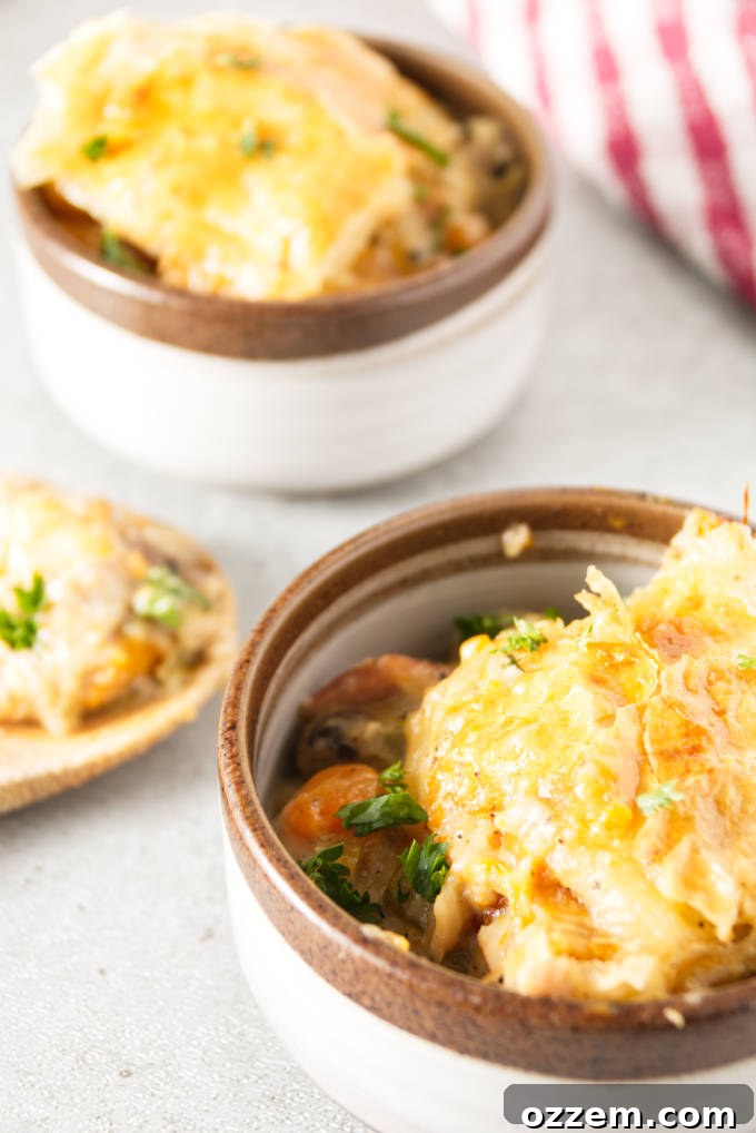 Ninja Foodi turkey pot pie served in individual dishes with a wooden spoon, showcasing the comforting meal.