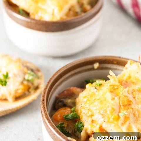Ninja Foodi turkey pot pie served in individual dishes with a wooden spoon