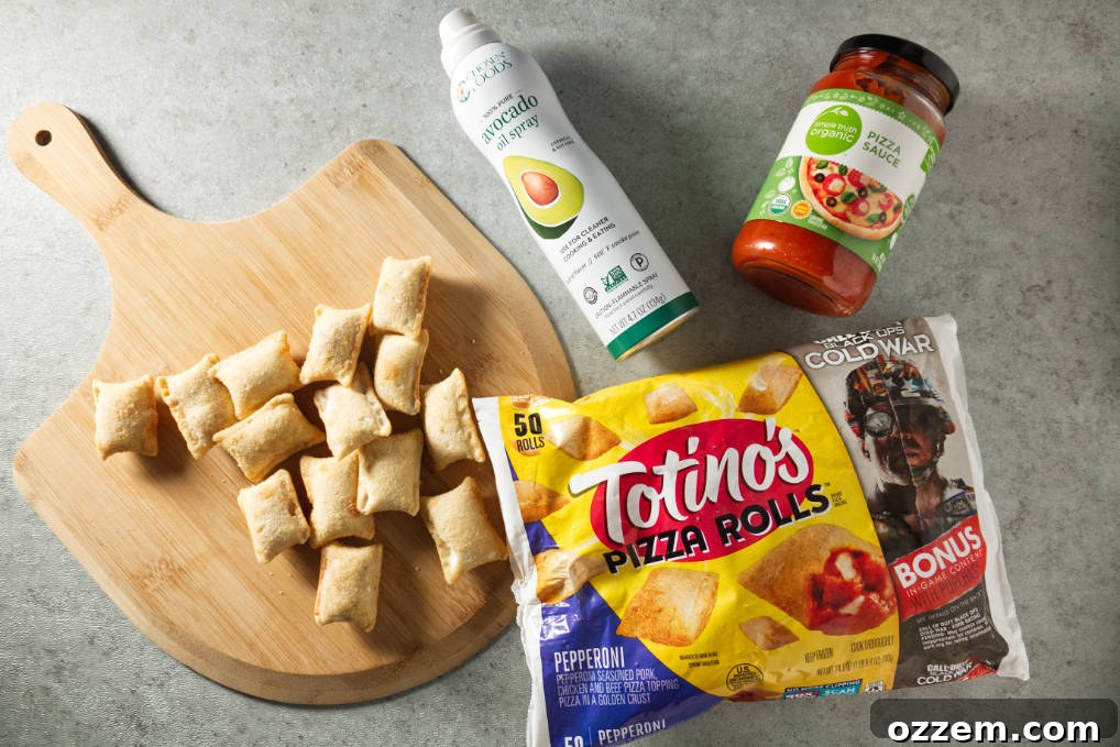 Ingredients for air fryer frozen pizza rolls: frozen pizza rolls, avocado oil spray, pizza sauce