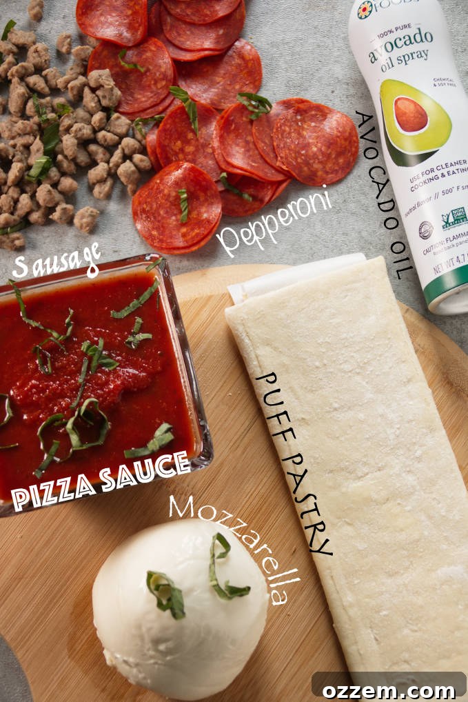 Crispy Homemade Air Fryer Pizza Rolls 4 Ingredients for air fryer pizza rolls: pepperoni, sausage, avocado oil, pizza sauce, mozzarella cheese, puff pastry