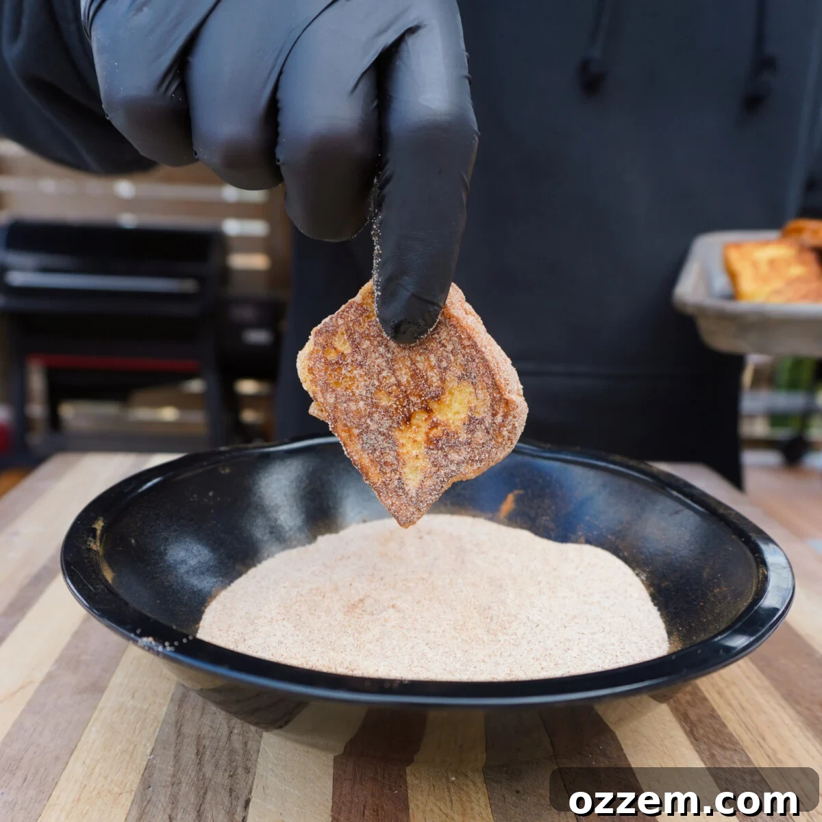 Sugar and cinnamon coating for the easy grilled french toast.