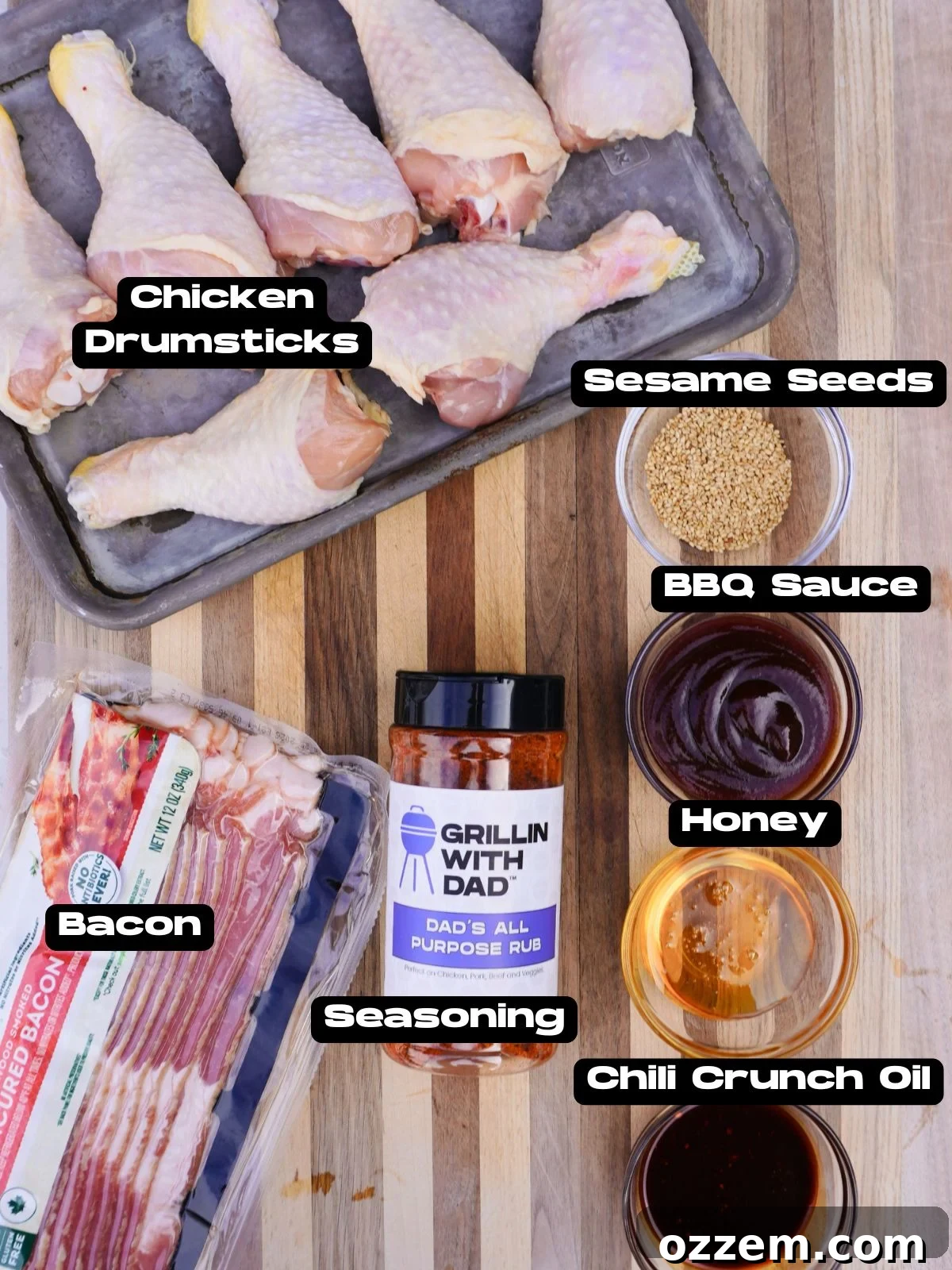 Crispy Bacon Chicken Legs 3 Bacon Wrapped Chicken Drumstick ingredients laid out.