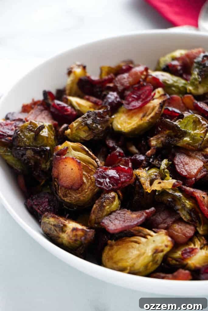 A serving bowl filled with perfectly crispy air fryer Brussels sprouts, mixed with golden-brown bacon pieces, caramelized onions, and vibrant dried cranberries, ready to be enjoyed as a delightful side dish.