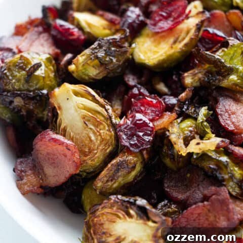 Close up photo of air fryer Brussels sprouts with bacon, showcasing the crispy texture and delicious mix of ingredients in the recipe card header.