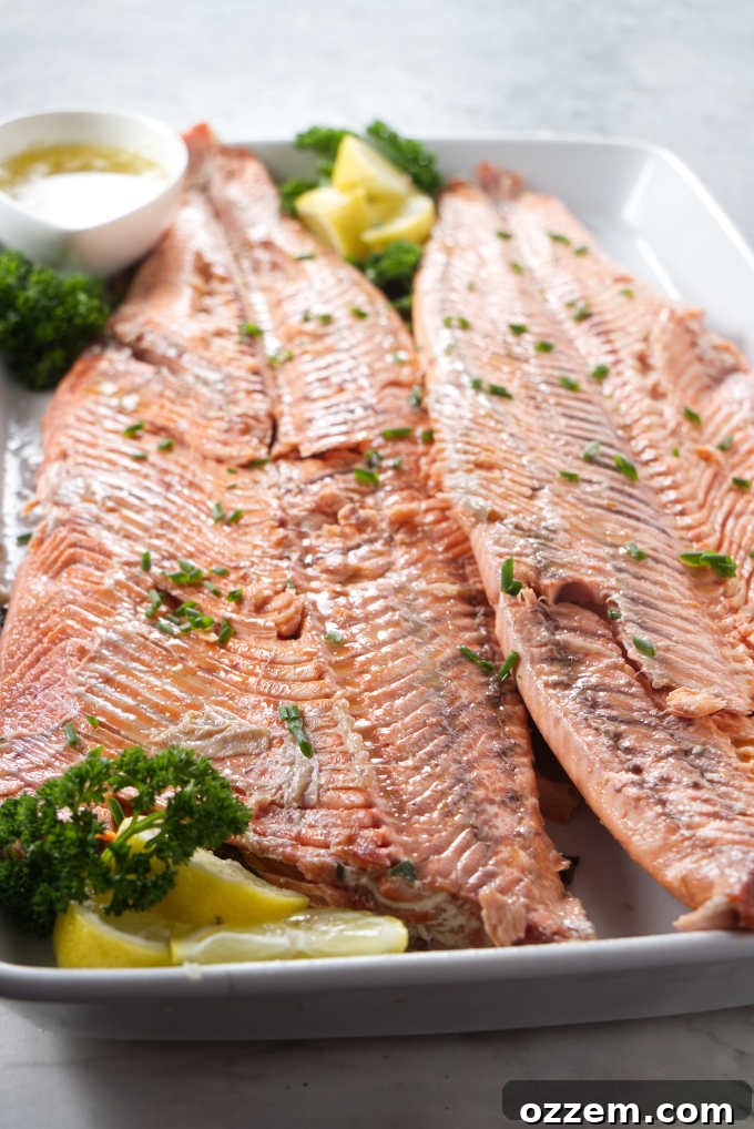 Grilled Whole Salmon Made Simple 16 A whole grilled salmon with the skin and bones removed.