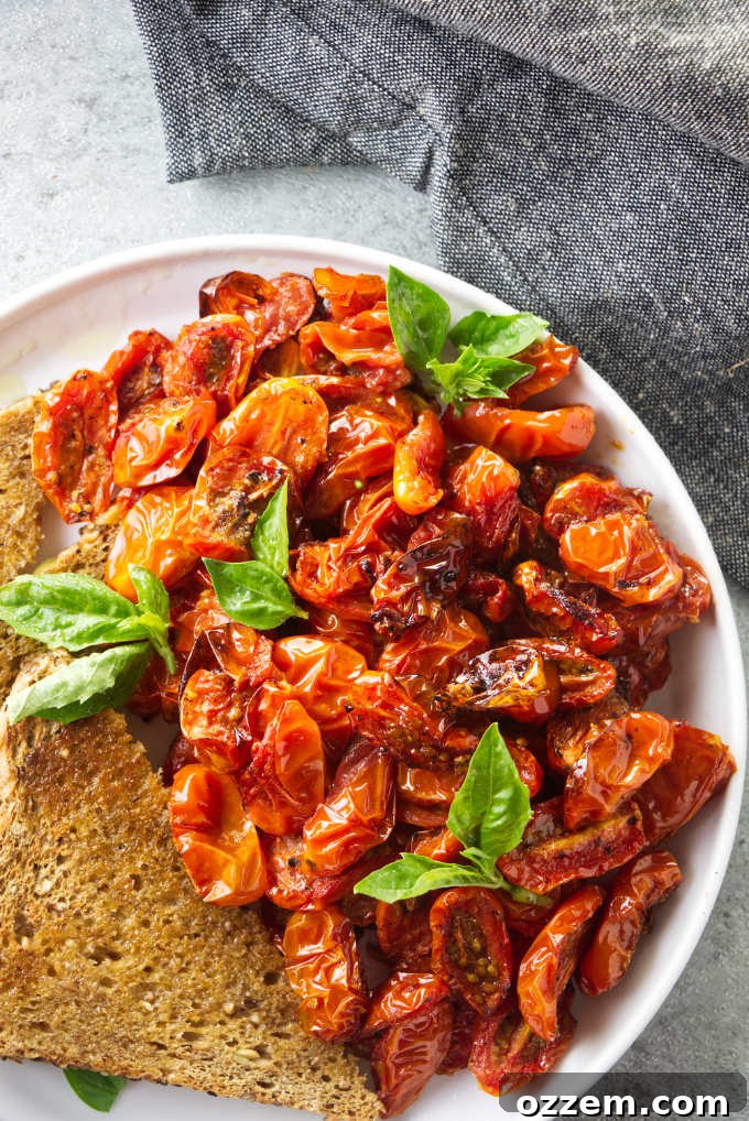 A plate of air fryer cherry tomatoes with toast.
