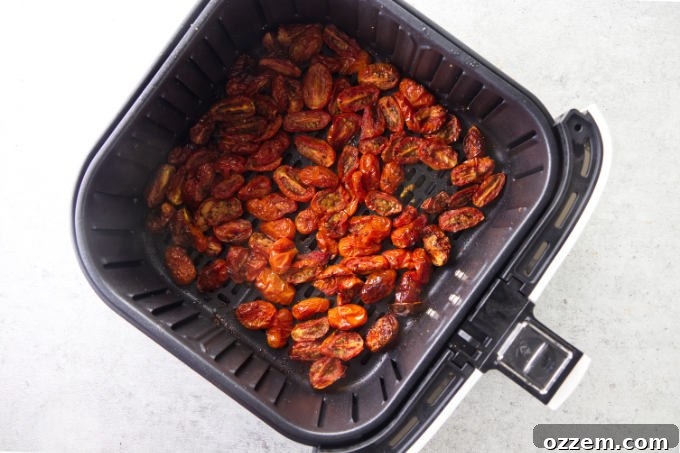Cherry tomatoes freshly cooked in an air fryer.