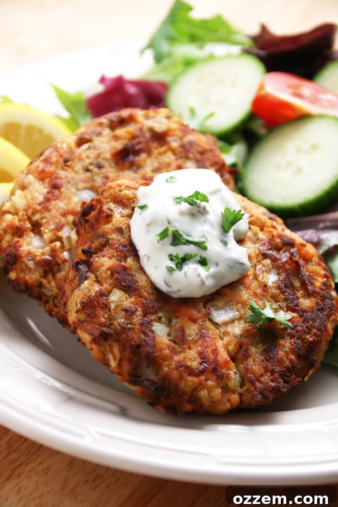 Two perfectly air-fried salmon cakes with a dollop of tartar sauce on top, served alongside a fresh, vibrant garden salad, showcasing a complete and healthy meal.
