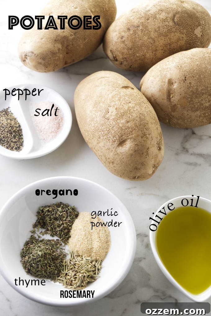 A collection of fresh ingredients for grilled potatoes including whole potatoes, a bottle of olive oil, and small bowls of various dried herbs and spices.