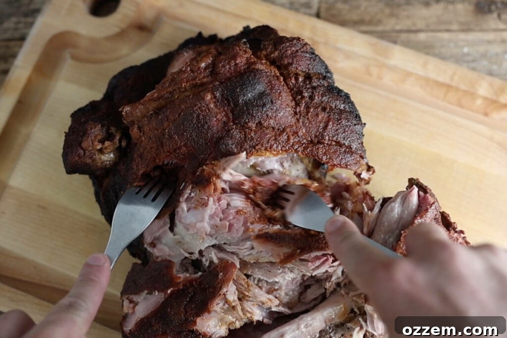 Pulling apart pork butt.
