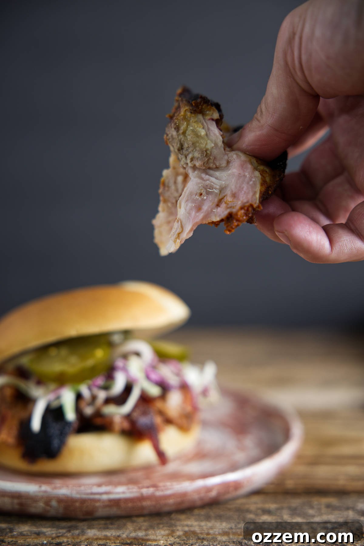 Chunk of pulled pork above pulled pork sandwich.