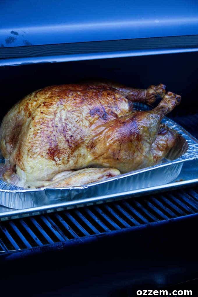 A turkey cooking in a roasting pan on a pellet grill, showcasing the smoking process.