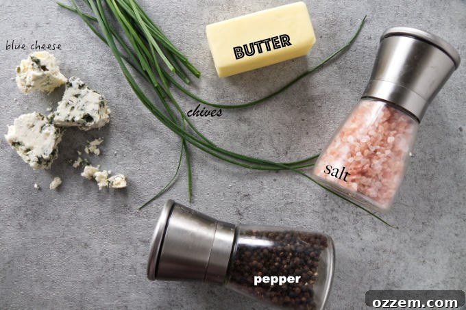 Ingredients used to make blue cheese butter, arranged neatly on a cutting board.