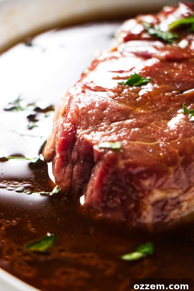 Sunburst Chili Steak Marinade 6 A raw steak soaking generously in the vibrant orange chili marinade within a re-sealable bag, ready for refrigeration.