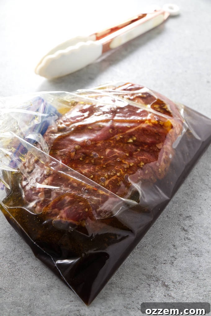 Sunburst Chili Steak Marinade 7 A raw steak and orange chili marinade sealed in a clear zipper-top bag, illustrating the convenience of marinating.