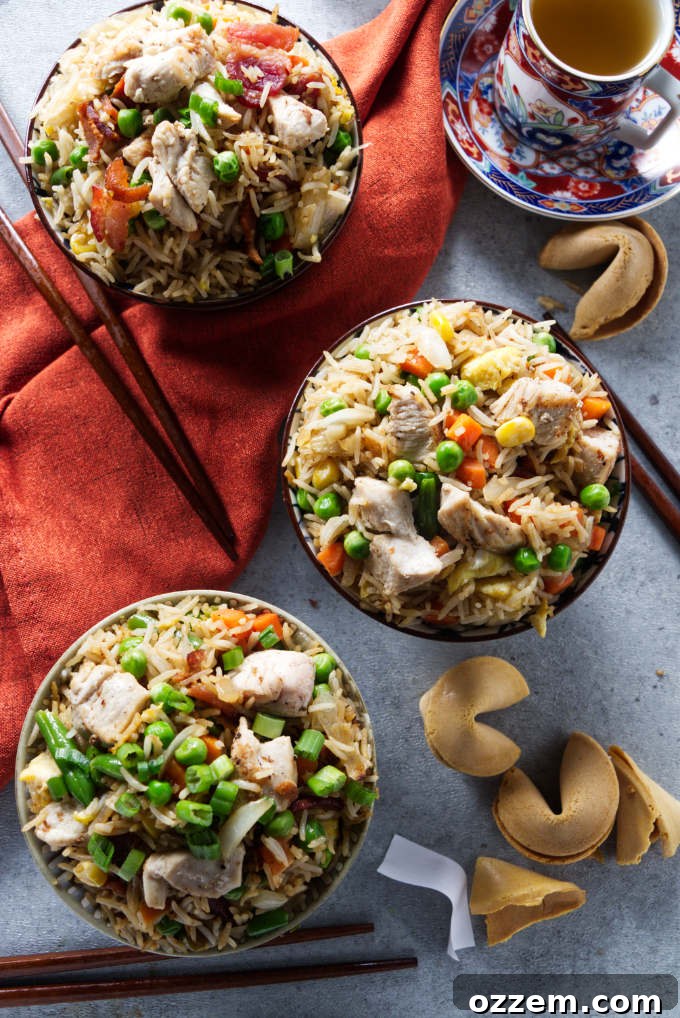 Three bowls of Blackstone chicken fried rice and a cup of tea.