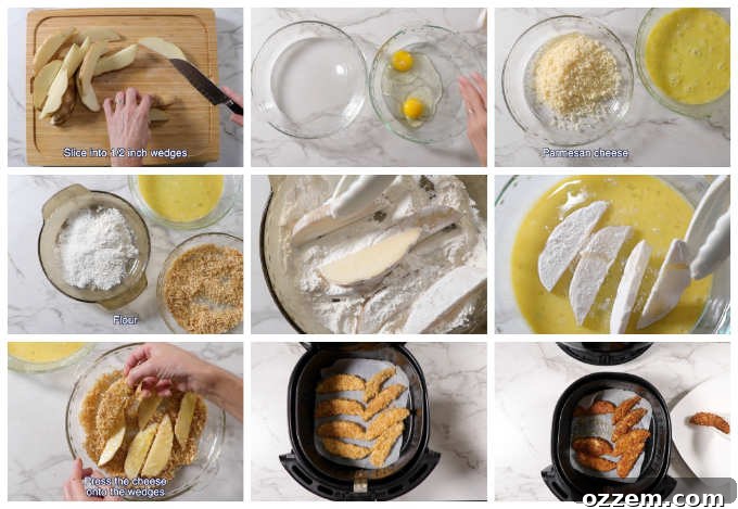 Crispy Cheesy Air Fryer Potato Wedges 4 collage of 9 photos showing how to make Air Fryer potato wedges