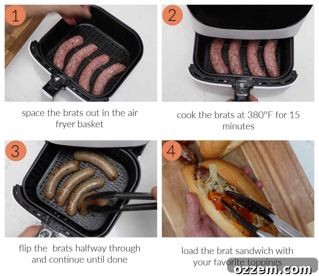 Perfect Air Fryer Brat Sandwiches 6 Four photos showing how to make air fryer brat sandwiches.