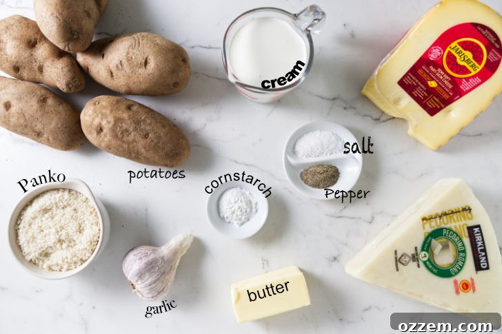 A collection of fresh ingredients laid out on a wooden board, including thinly sliced potatoes, blocks of cheese, heavy cream, garlic, and Panko breadcrumbs, ready for making pellet smoked au gratin potatoes.