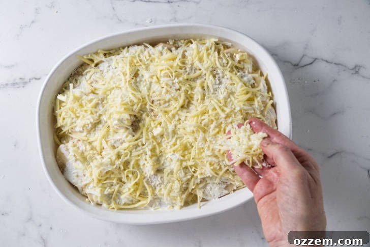 A layer of shredded cheese being scattered over potatoes and cream in a casserole dish.