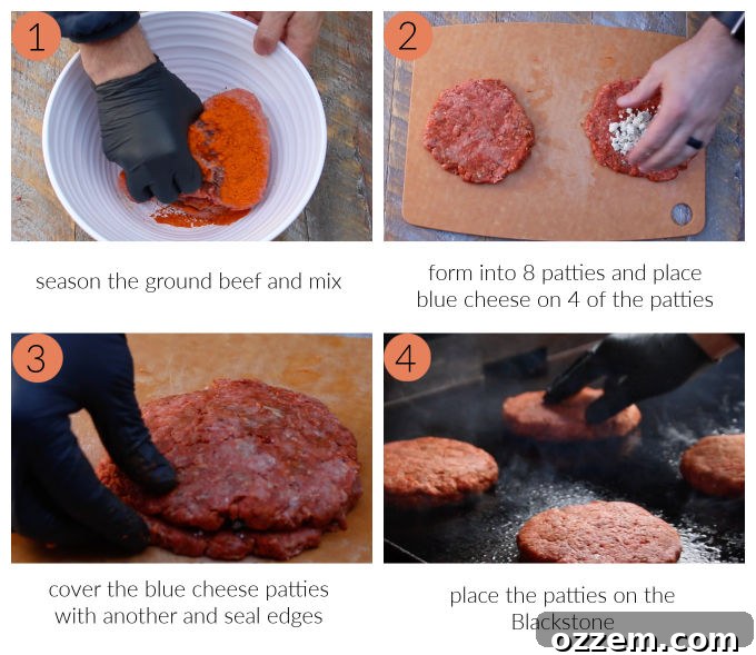 process collage for blackstone blackened blue cheese stuffed burgers: season the meat, form patties and add cheese, seal the stuffed burgers, place on griddle