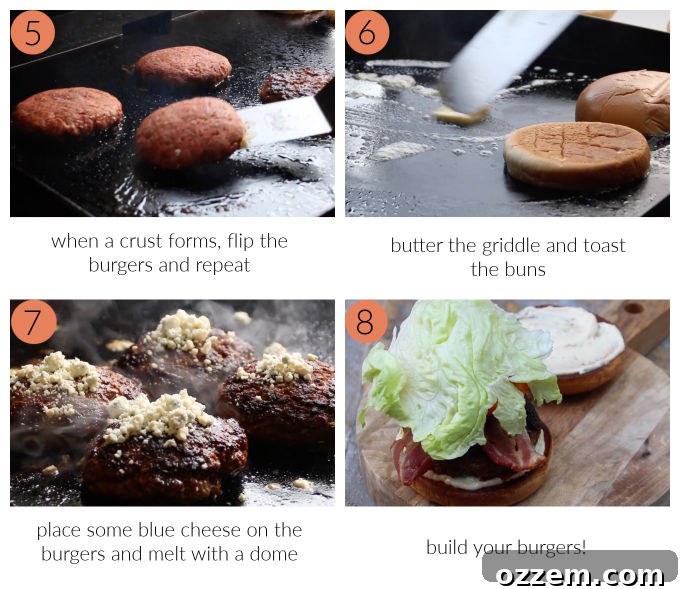 process collage for blackstone blackened blue cheese stuffed burgers: flip, toast buns, place cheese, build burgers