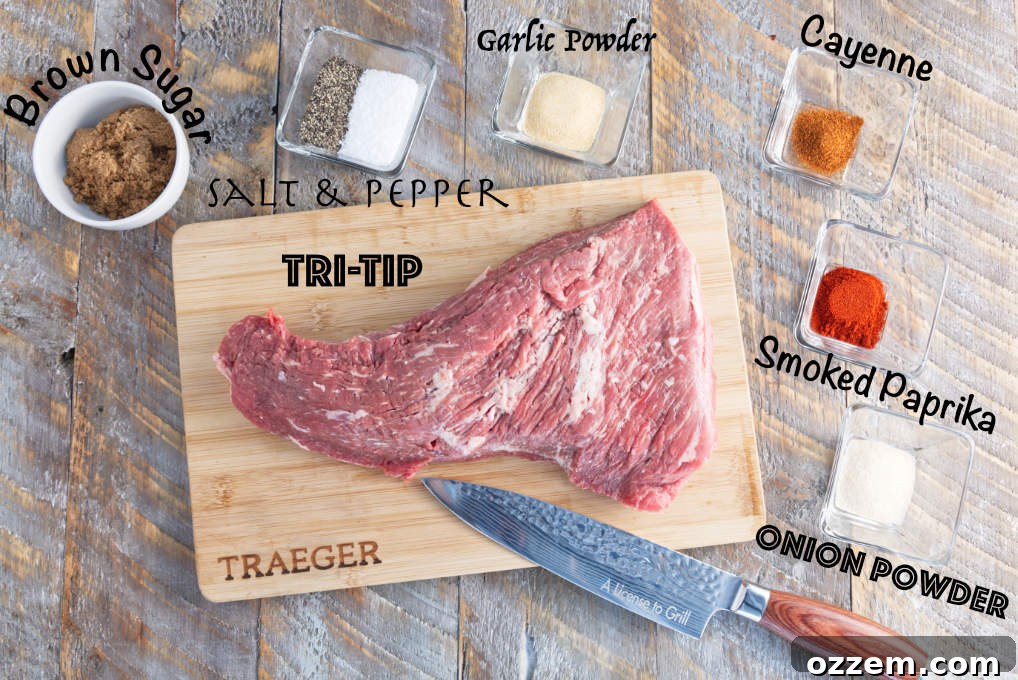 Traeger smoked tri-tip ingredients shot: brown sugar, salt and pepper, garlic powder, onion powder, cayenne, smoked paprika, tri-tip