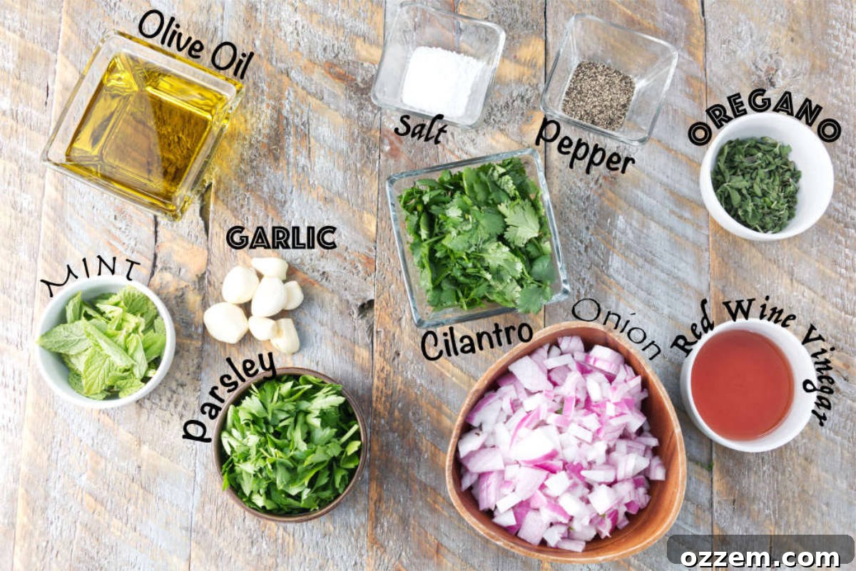 A beautifully arranged selection of fresh ingredients for easy cilantro chimichurri sauce, including a bottle of olive oil, vibrant mint, parsley, garlic, salt, pepper, cilantro, red onion, oregano, and red wine vinegar.