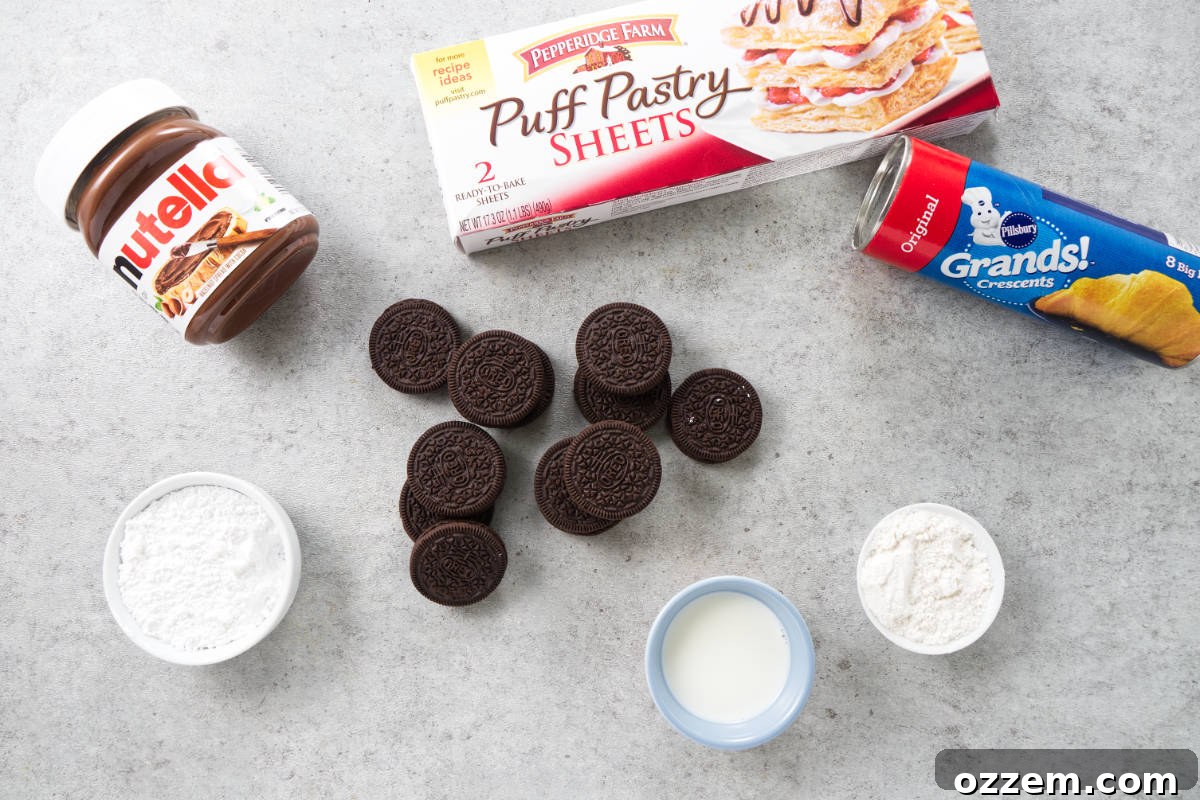 Warm & Gooey Air Fryer Nutella Oreos 3 ingredietns for air fried oreos: puff pastry, crescent rolls, oreos, nutella, powdered sugar, milk, flour.