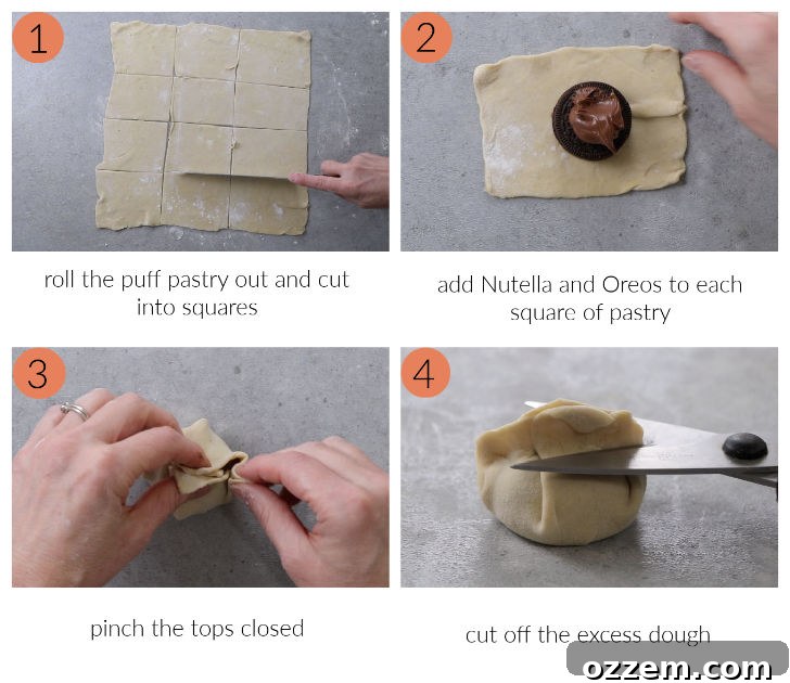 Warm & Gooey Air Fryer Nutella Oreos 4 Four photos showing how to make air fried Oreos with puff pastry.