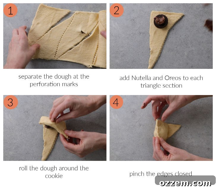 Warm & Gooey Air Fryer Nutella Oreos 5 Four photos showing how to make air fried Oreos with crescent rolls.