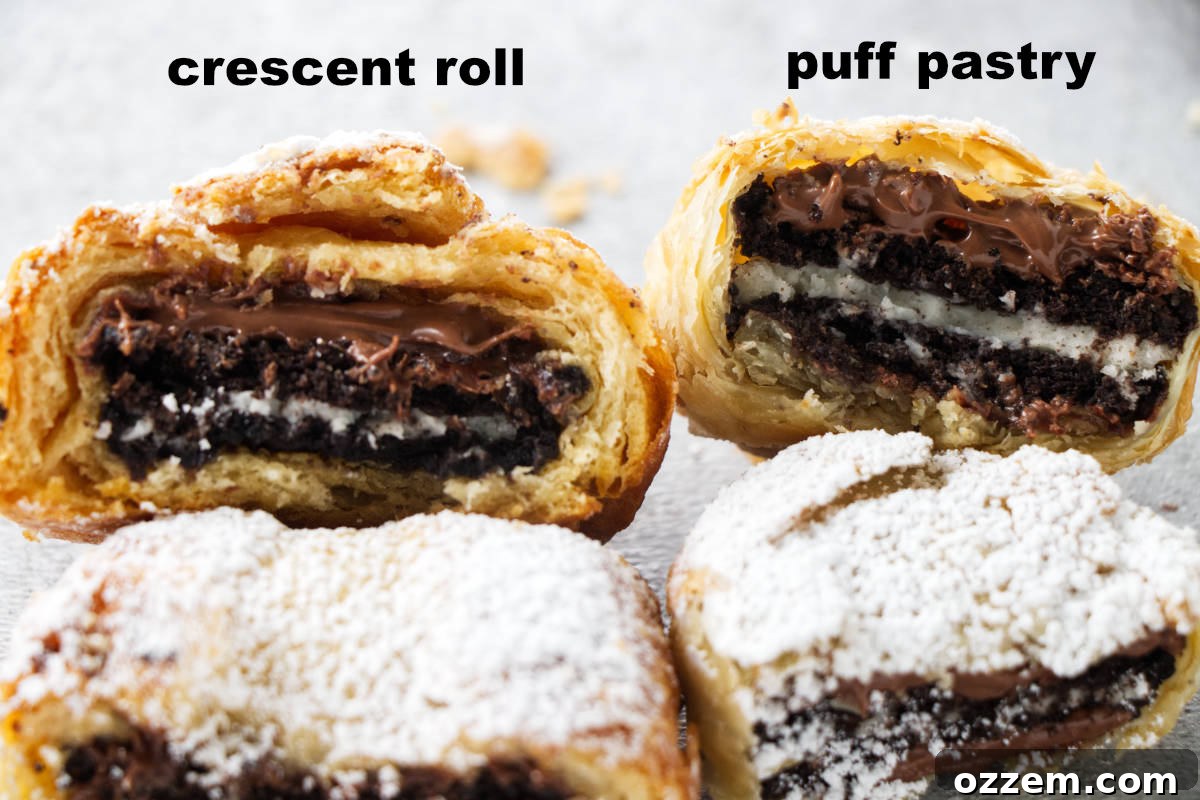 Warm & Gooey Air Fryer Nutella Oreos 6 two different types of air fried oreos, one with crescent rolls and the other with puff pastry. stacked into piles and dusted with powdered sugar.