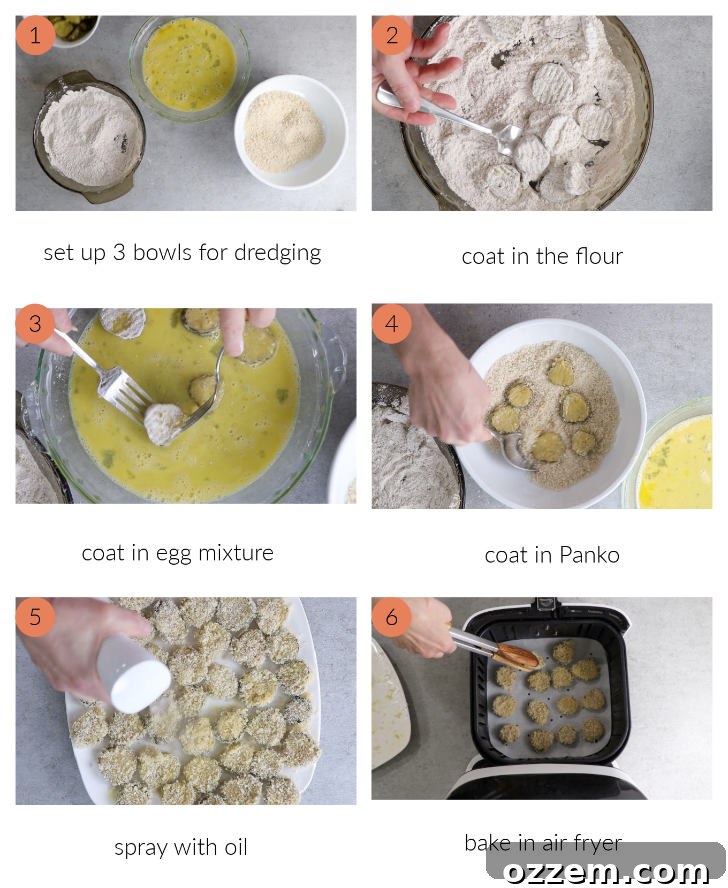 A collage of six photos showing how to make air fried pickles.