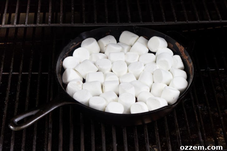 Marshmallows and chocolate in a skillet on a Traeger.