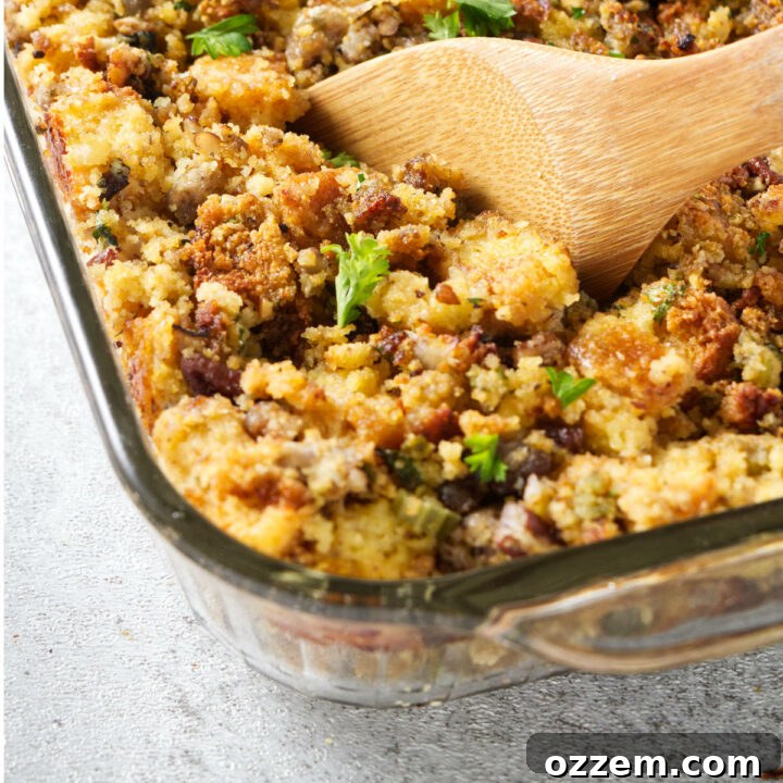 A spoon scooping out some delicious Traeger smoked cornbread stuffing from a casserole dish, highlighting its golden crust and moist interior.
